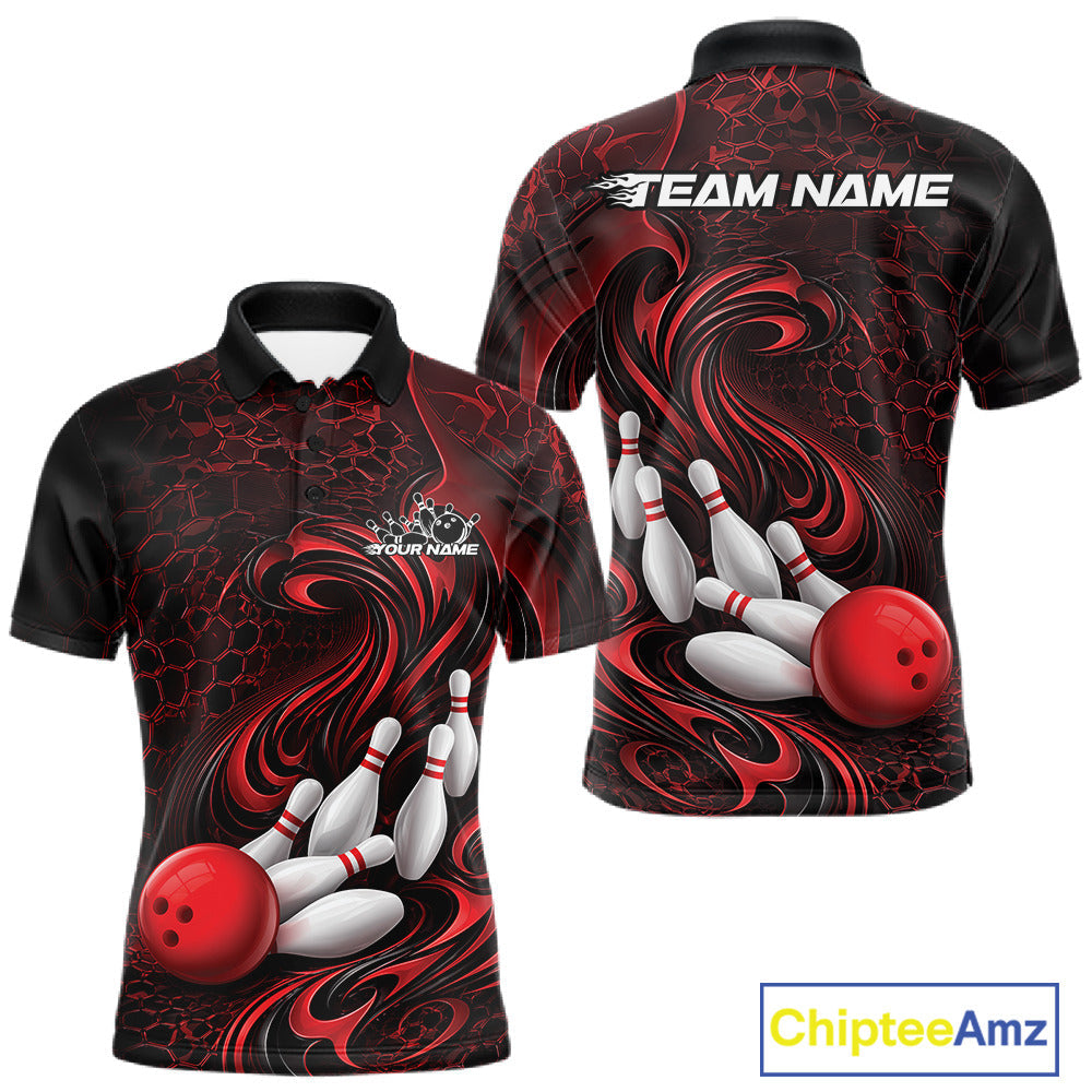 Custom Black And Red Tribal Flame Bowling Team Shirt, Polygonal Bowling Jerseys