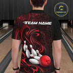 Custom Black And Red Tribal Flame Bowling Team Shirt, Polygonal Bowling Jerseys