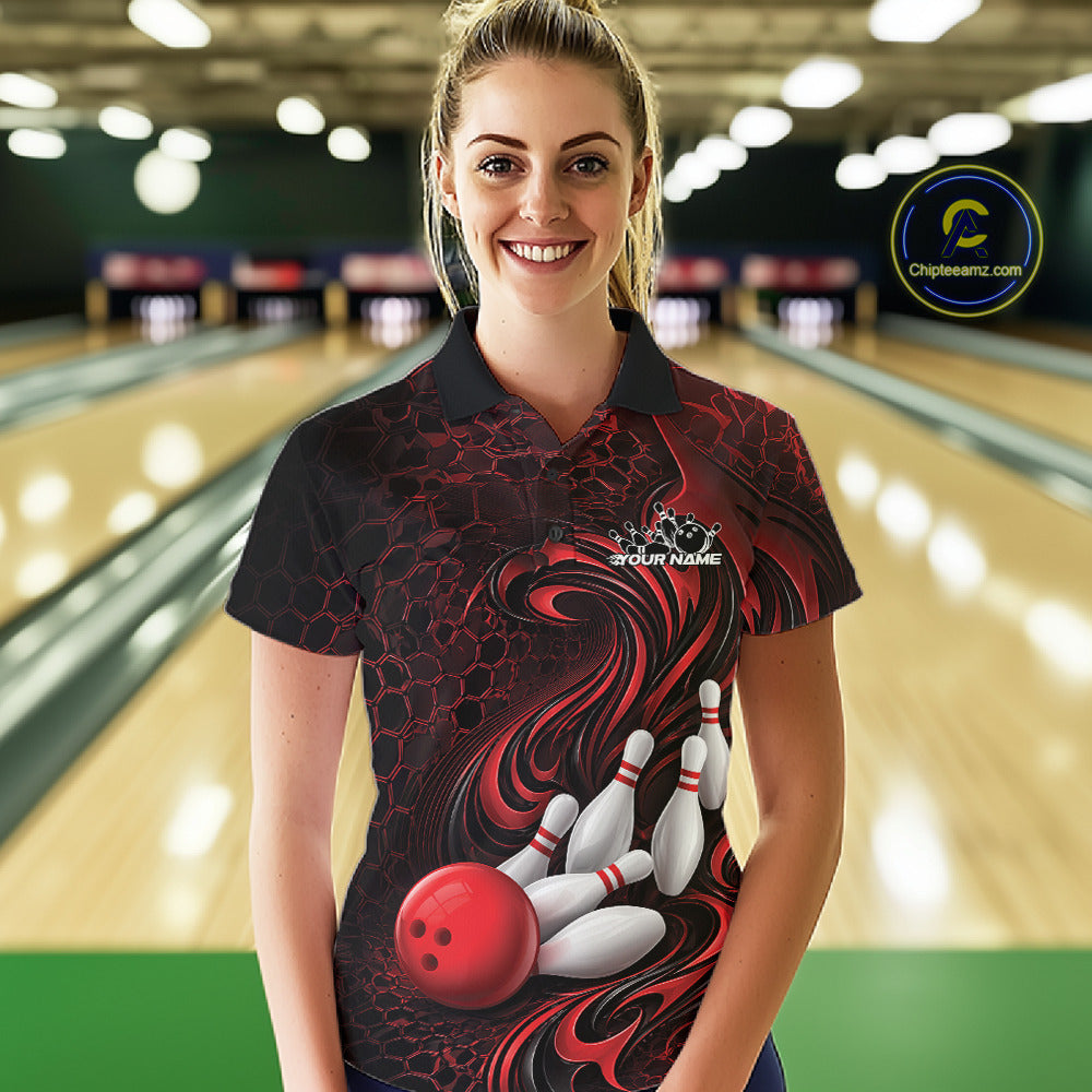 Custom Black And Red Tribal Flame Bowling Team Shirt, Polygonal Bowling Jerseys