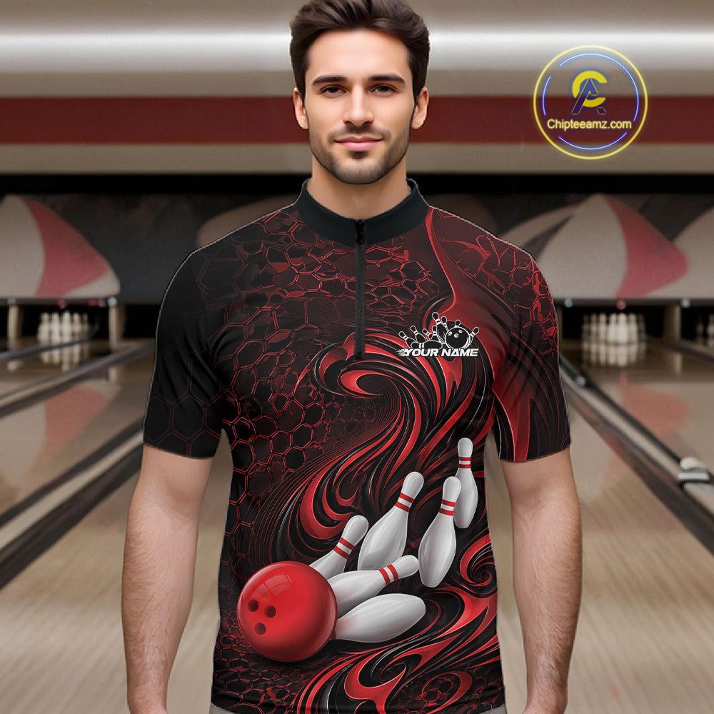 Custom Black And Red Tribal Flame Bowling Team Shirt, Polygonal Bowling Jerseys