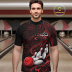 Custom Black And Red Tribal Flame Bowling Team Shirt, Polygonal Bowling Jerseys