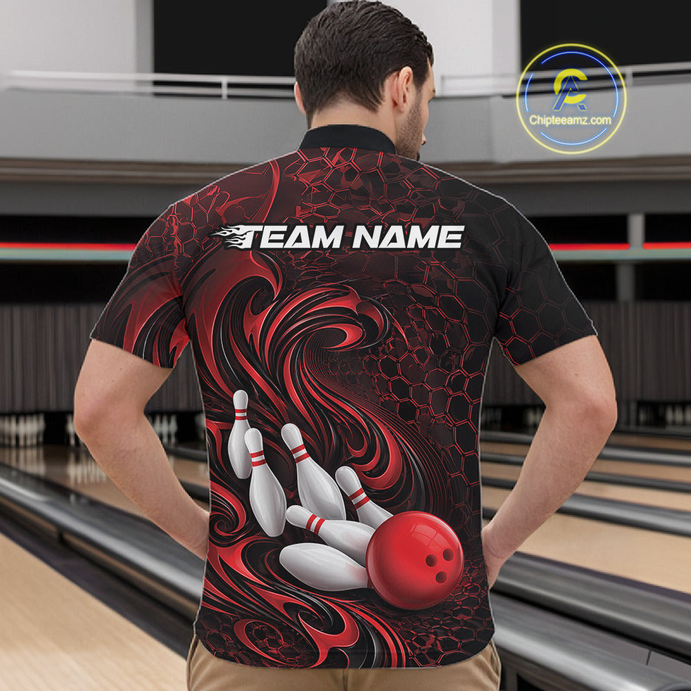 Custom Black And Red Tribal Flame Bowling Team Shirt, Polygonal Bowling Jerseys