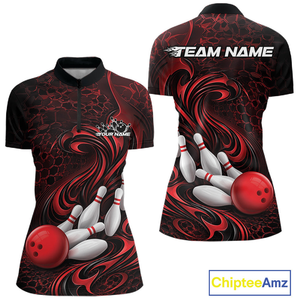 Custom Black And Red Tribal Flame Bowling Team Shirt, Polygonal Bowling Jerseys