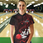 Custom Black And Red Tribal Flame Bowling Team Shirt, Polygonal Bowling Jerseys