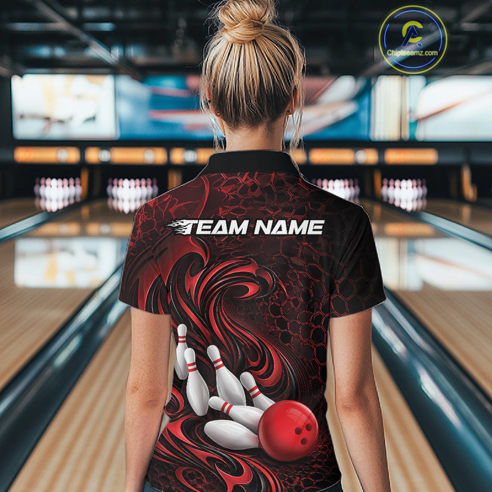 Custom Black And Red Tribal Flame Bowling Team Shirt, Polygonal Bowling Jerseys