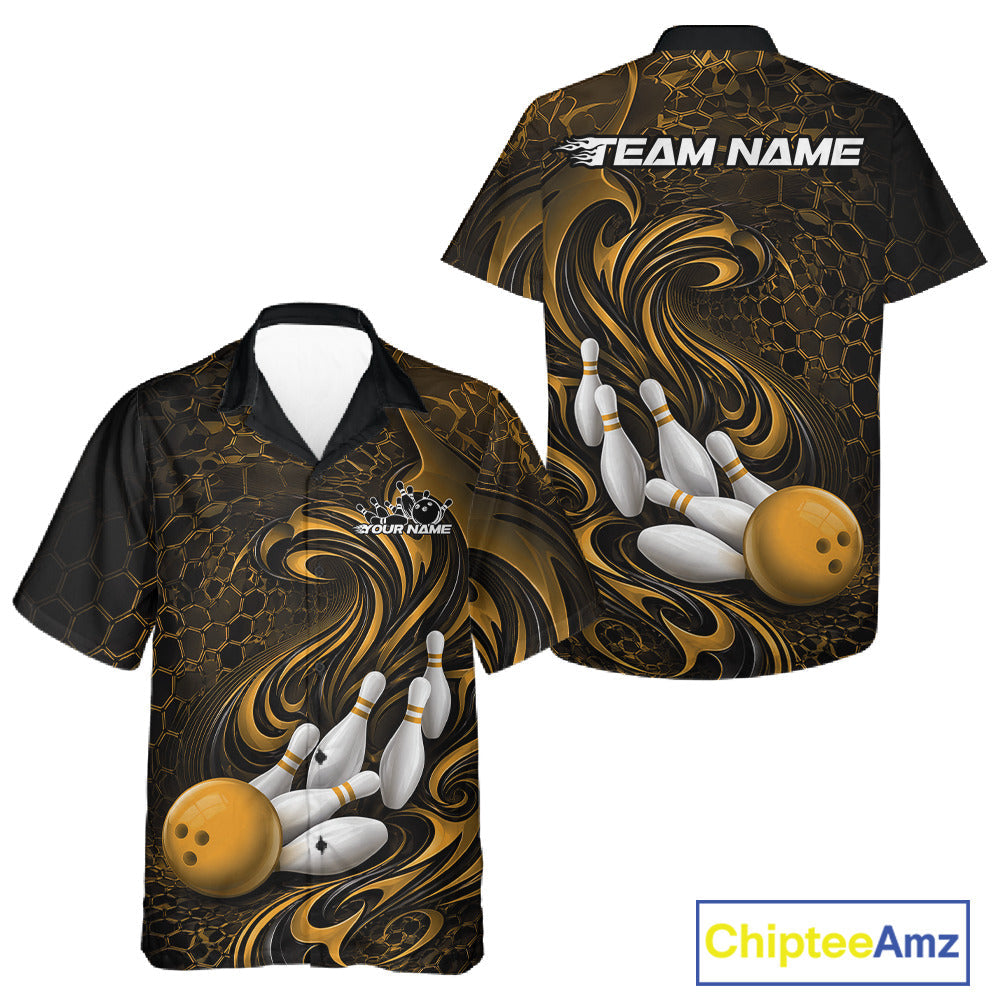 Custom Black And Yellow Tribal Flame And Bowling Team Shirt, Polygonal Bowling Jerseys