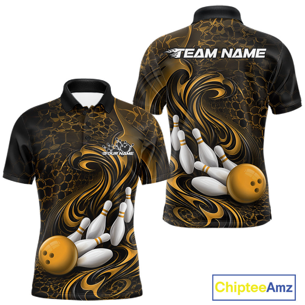 Custom Black And Yellow Tribal Flame Bowling Team Shirt, Polygonal Bowling Jerseys