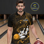 Custom Black And Yellow Tribal Flame Bowling Team Shirt, Polygonal Bowling Jerseys
