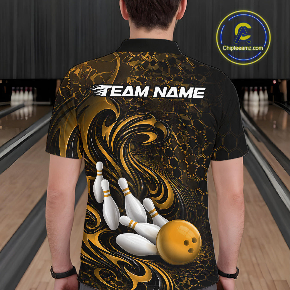 Custom Black And Yellow Tribal Flame Bowling Team Shirt, Polygonal Bowling Jerseys