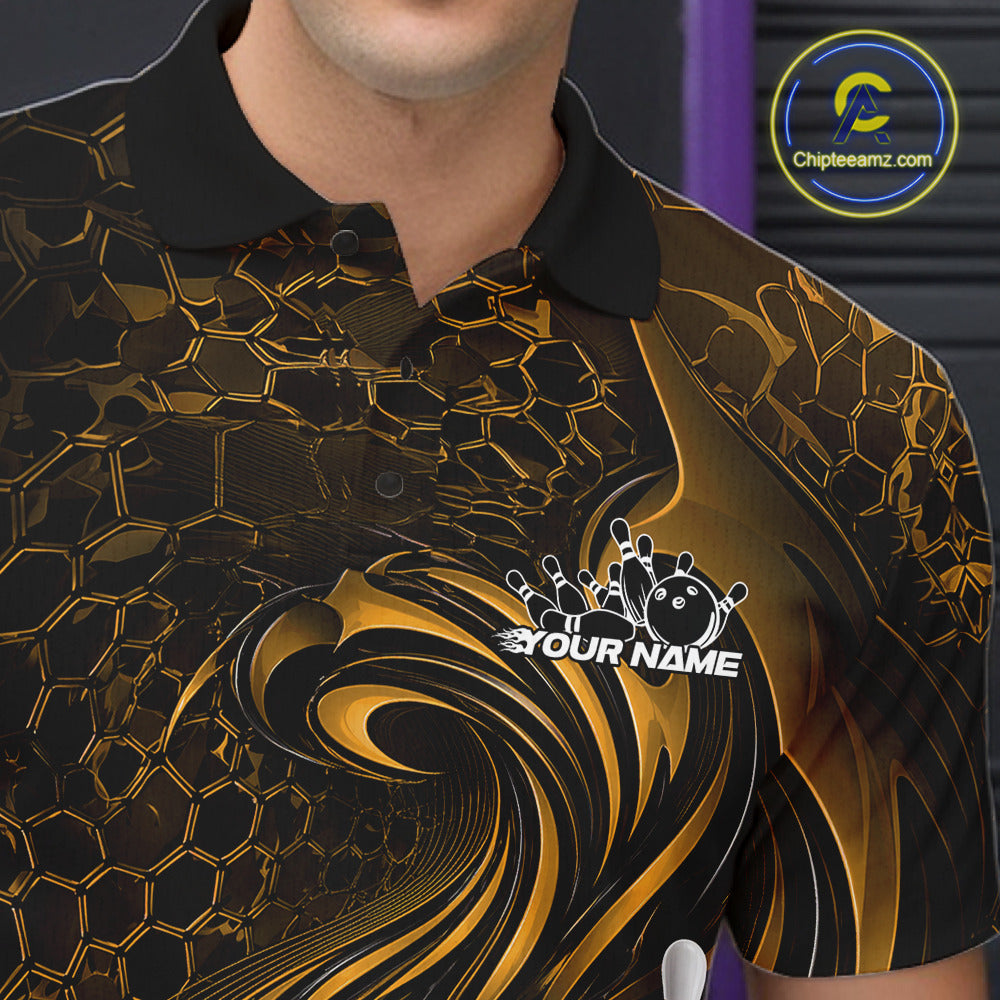 Custom Black And Yellow Tribal Flame Bowling Team Shirt, Polygonal Bowling Jerseys
