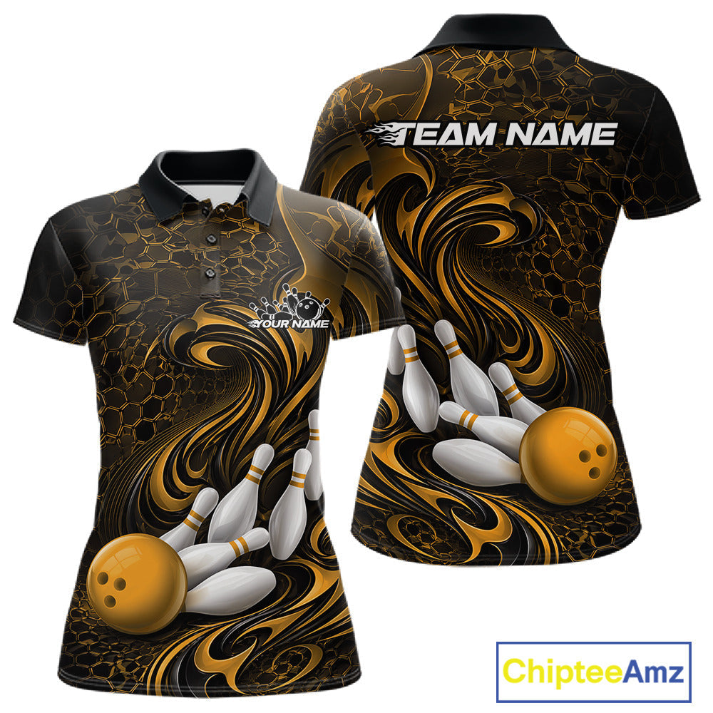 Custom Black And Yellow Tribal Flame Bowling Team Shirt, Polygonal Bowling Jerseys