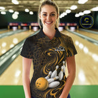 Custom Black And Yellow Tribal Flame Bowling Team Shirt, Polygonal Bowling Jerseys