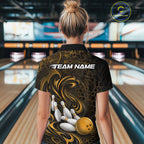 Custom Black And Yellow Tribal Flame Bowling Team Shirt, Polygonal Bowling Jerseys