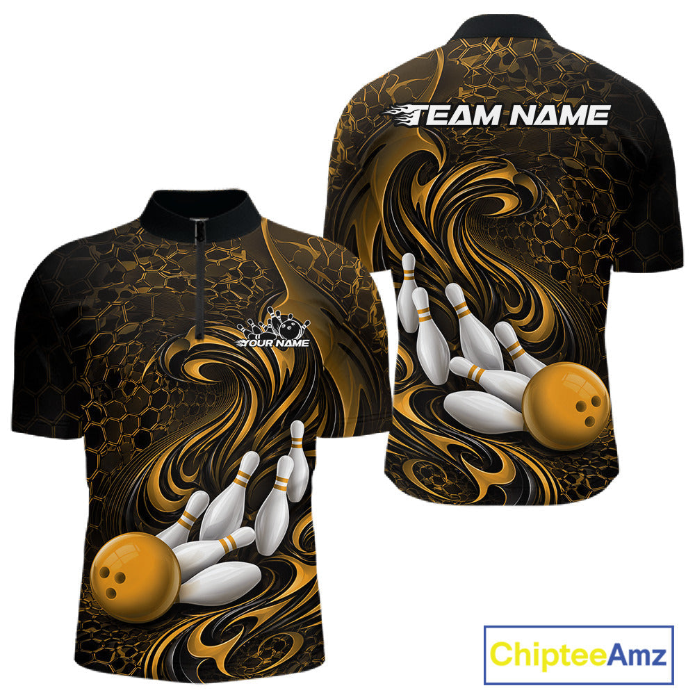 Custom Black And Yellow Tribal Flame Bowling Team Shirt, Polygonal Bowling Jerseys