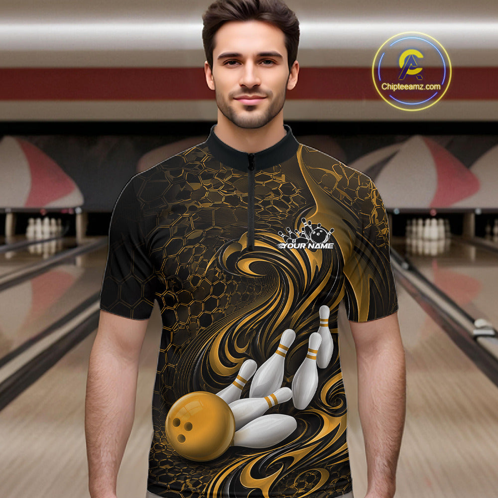 Custom Black And Yellow Tribal Flame Bowling Team Shirt, Polygonal Bowling Jerseys