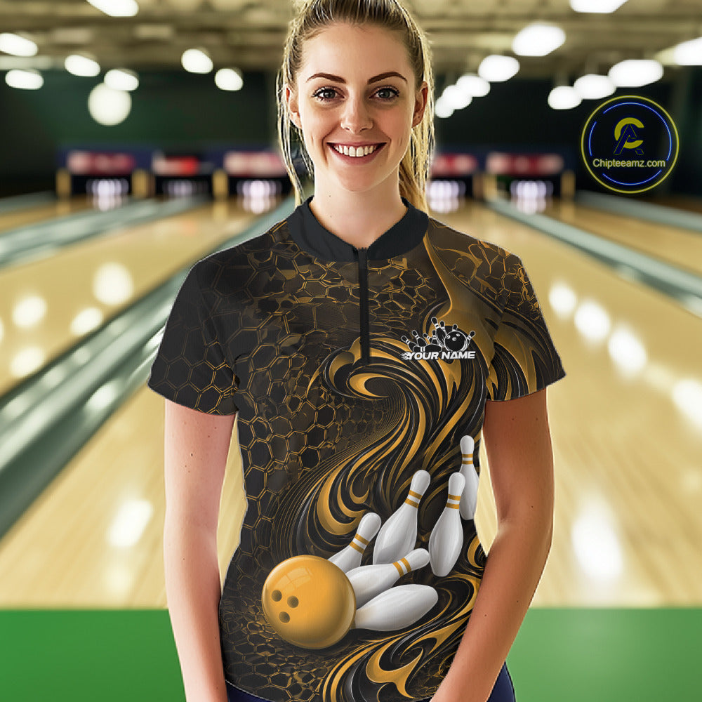 Custom Black And Yellow Tribal Flame Bowling Team Shirt, Polygonal Bowling Jerseys