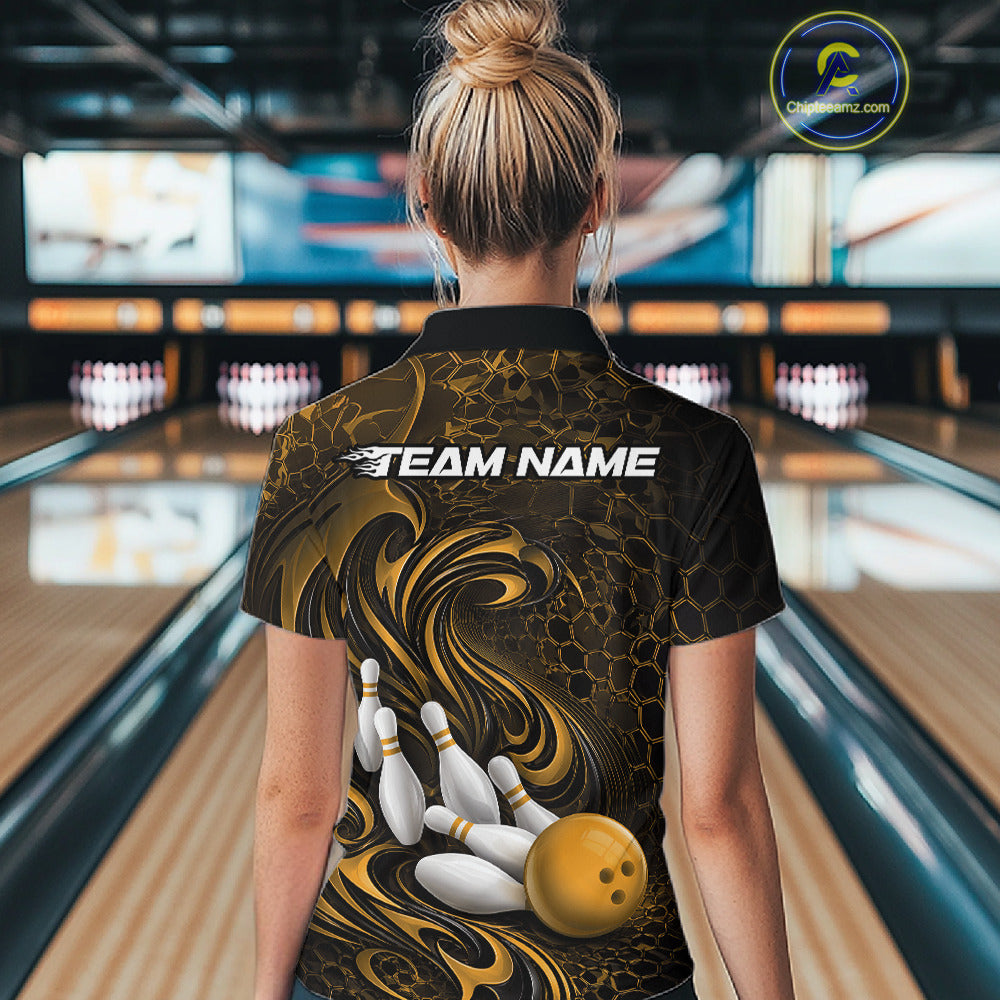 Custom Black And Yellow Tribal Flame Bowling Team Shirt, Polygonal Bowling Jerseys