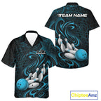 Custom Black And Blue Tribal Flame And Bowling Team Shirt, Polygonal Bowling Jerseys