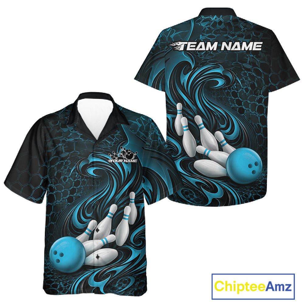 Custom Black And Blue Tribal Flame And Bowling Team Shirt, Polygonal Bowling Jerseys