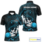 Custom Black And Blue Tribal Flame Bowling Team Shirt, Polygonal Bowling Jerseys