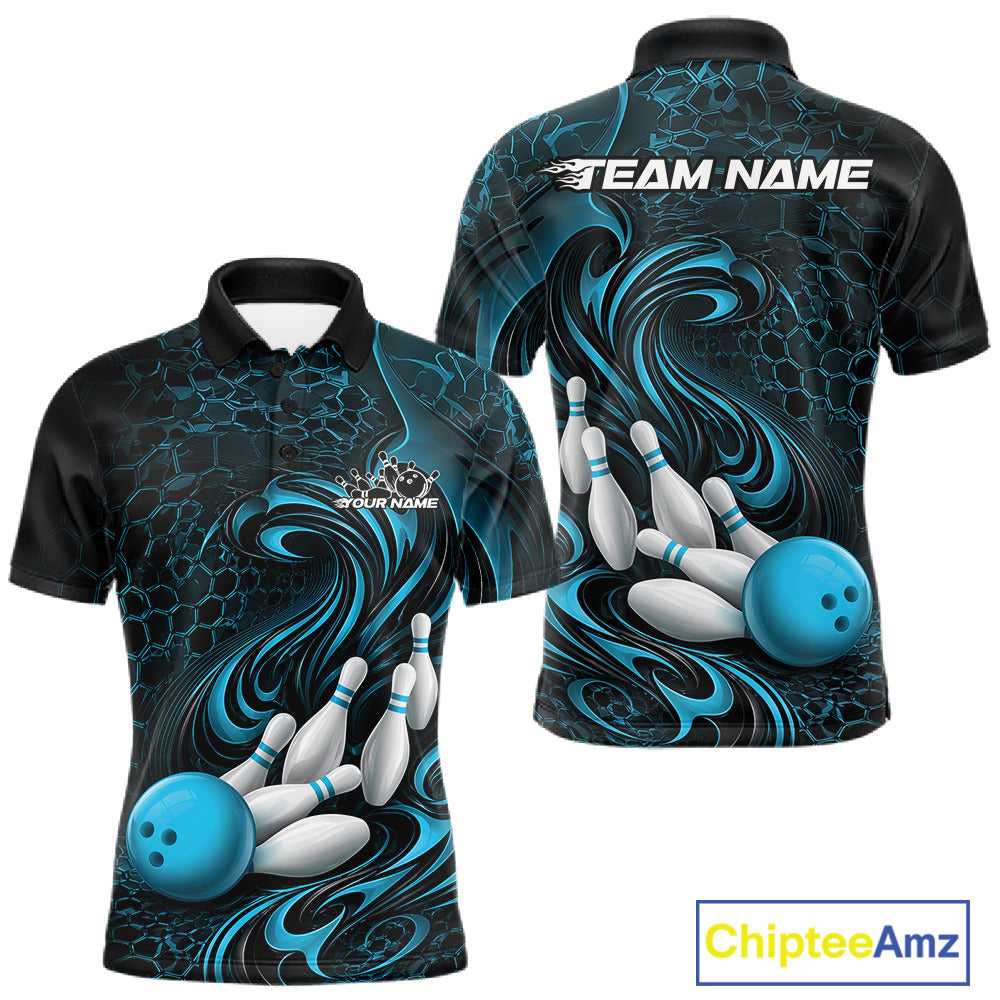 Custom Black And Blue Tribal Flame Bowling Team Shirt, Polygonal Bowling Jerseys