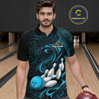 Custom Black And Blue Tribal Flame Bowling Team Shirt, Polygonal Bowling Jerseys