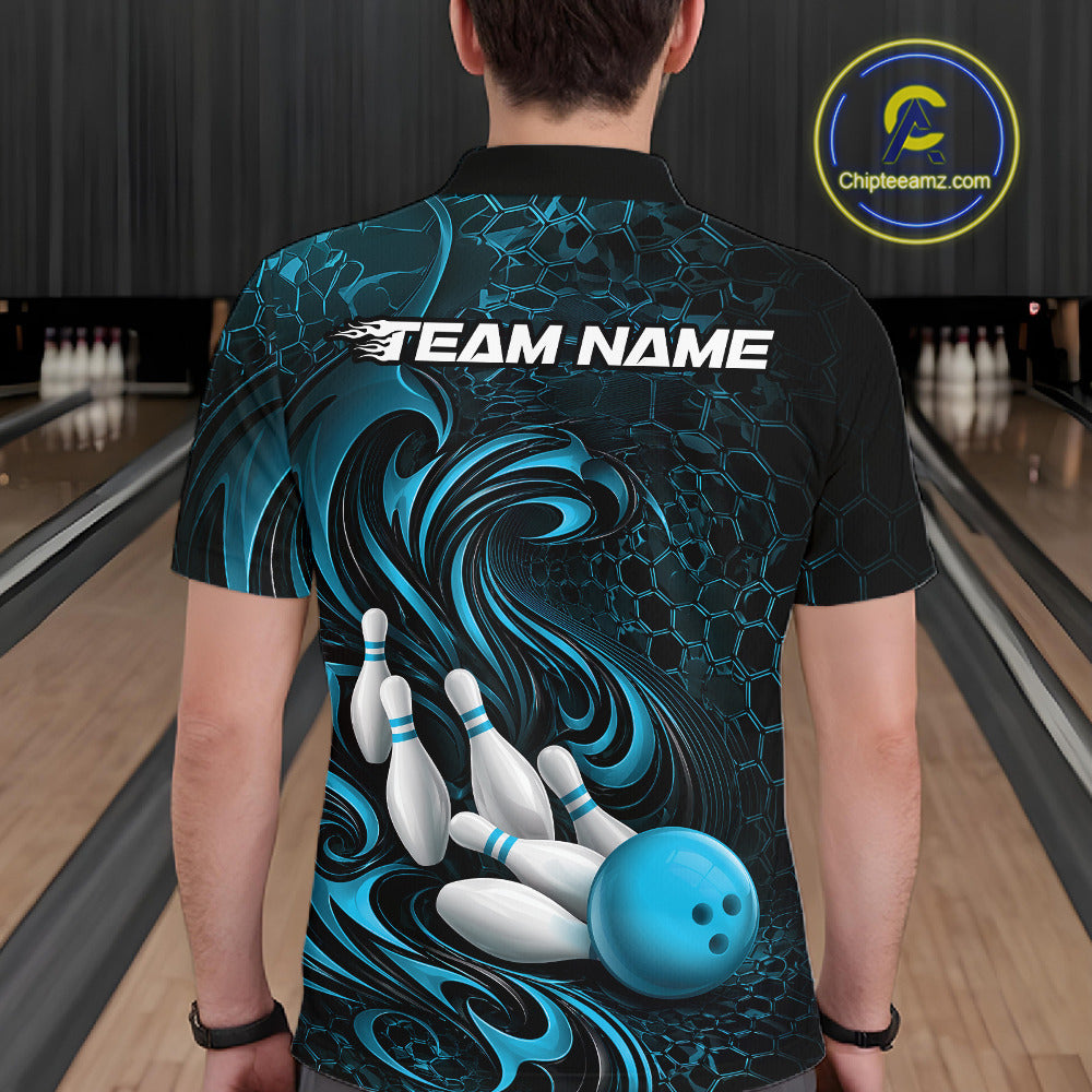 Custom Black And Blue Tribal Flame Bowling Team Shirt, Polygonal Bowling Jerseys