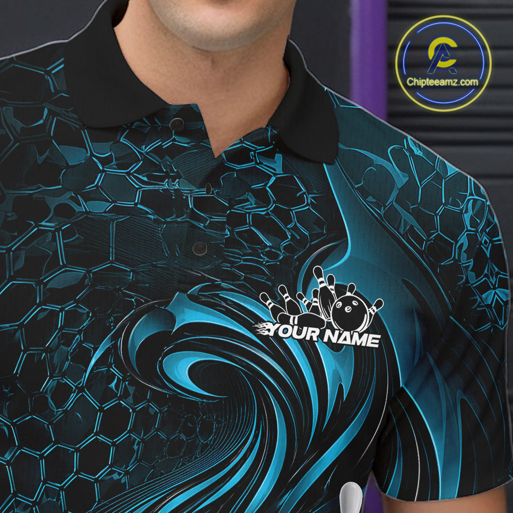 Custom Black And Blue Tribal Flame Bowling Team Shirt, Polygonal Bowling Jerseys