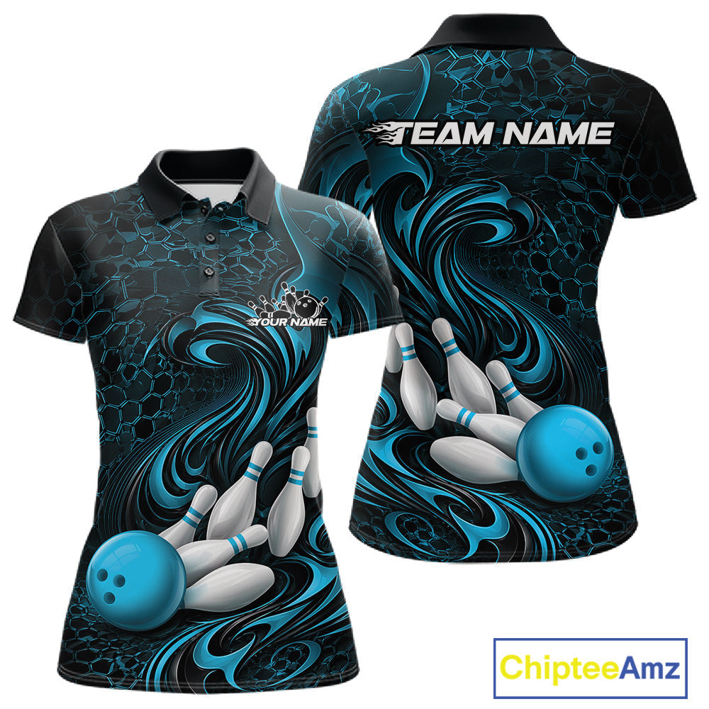 Custom Black And Blue Tribal Flame Bowling Team Shirt, Polygonal Bowling Jerseys