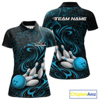 Custom Black And Blue Tribal Flame Bowling Team Shirt, Polygonal Bowling Jerseys