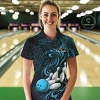 Custom Black And Blue Tribal Flame Bowling Team Shirt, Polygonal Bowling Jerseys