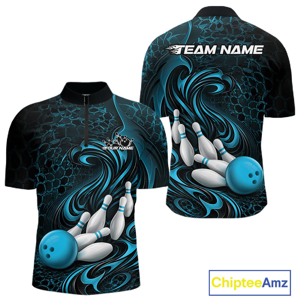 Custom Black And Blue Tribal Flame Bowling Team Shirt, Polygonal Bowling Jerseys