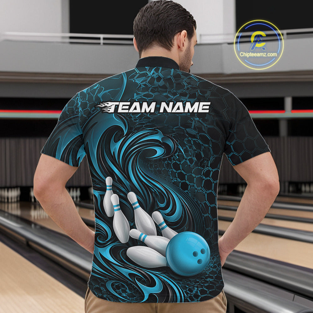 Custom Black And Blue Tribal Flame Bowling Team Shirt, Polygonal Bowling Jerseys