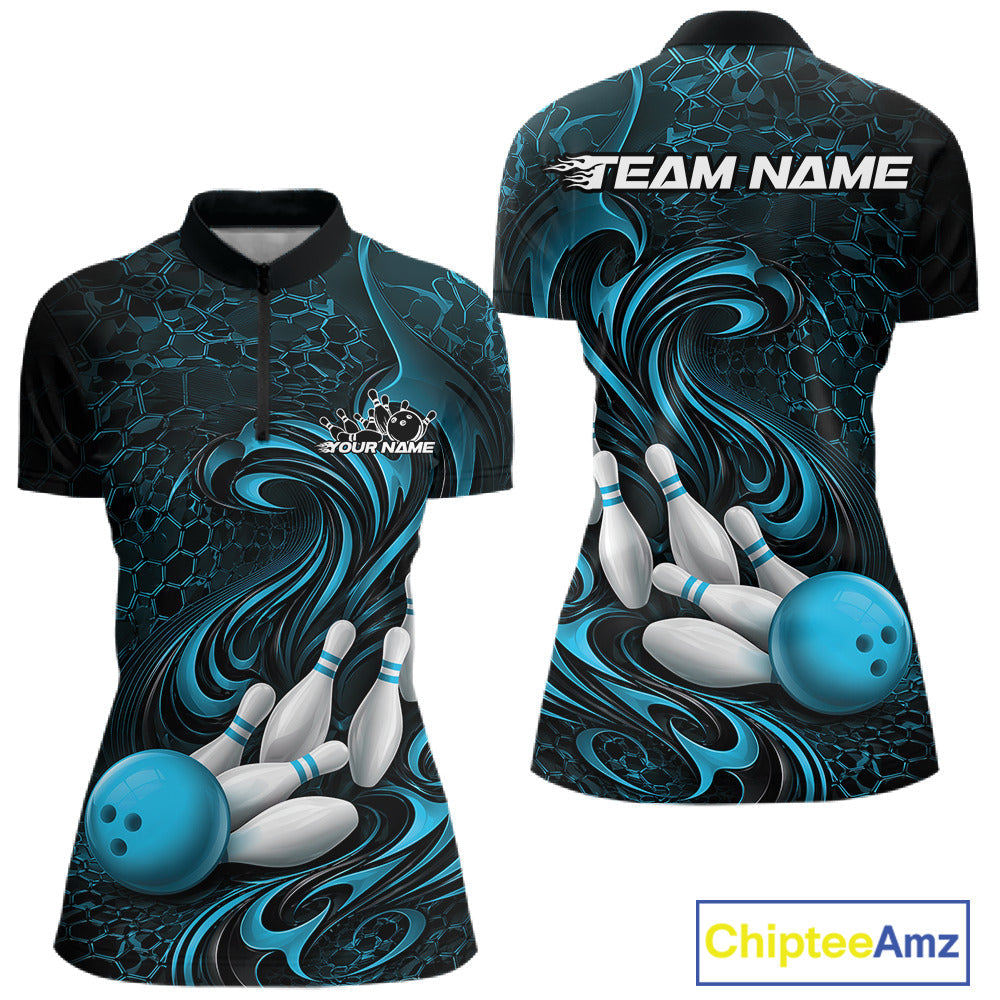 Custom Black And Blue Tribal Flame Bowling Team Shirt, Polygonal Bowling Jerseys