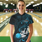 Custom Black And Blue Tribal Flame Bowling Team Shirt, Polygonal Bowling Jerseys