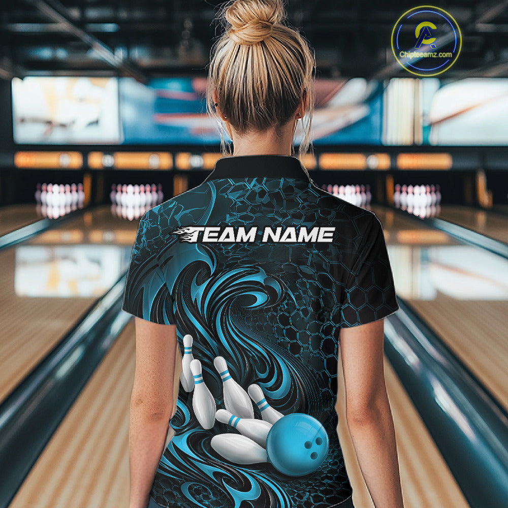 Custom Black And Blue Tribal Flame Bowling Team Shirt, Polygonal Bowling Jerseys