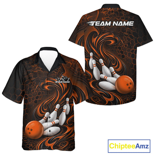 Custom Black And Orange Tribal Flame And Bowling Team Shirt, Polygonal Bowling Jerseys