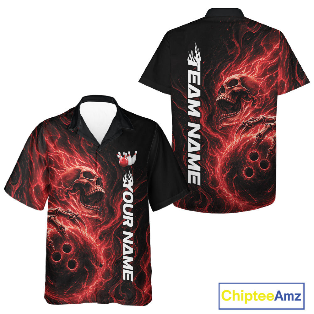 Custom Red Flame Skull Bowling And Hawaiian Shirts, Gothic Halloween Team Bowling Outfit