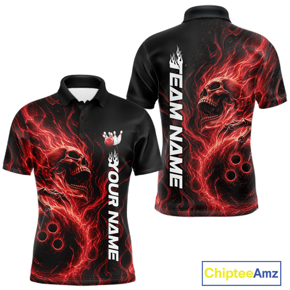 Custom Red Flame Skull Bowling Polo Shirts, Gothic Halloween Team Bowling Outfit