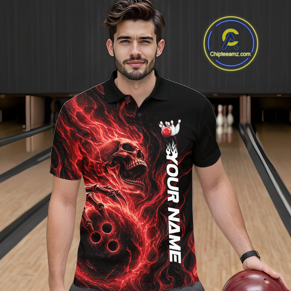 Custom Red Flame Skull Bowling Polo Shirts, Gothic Halloween Team Bowling Outfit