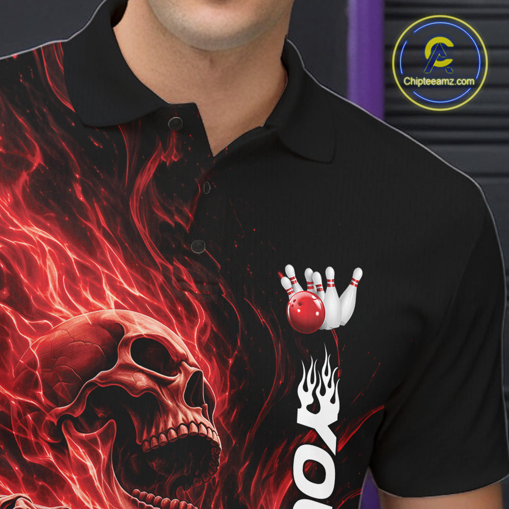 Custom Red Flame Skull Bowling Polo Shirts, Gothic Halloween Team Bowling Outfit
