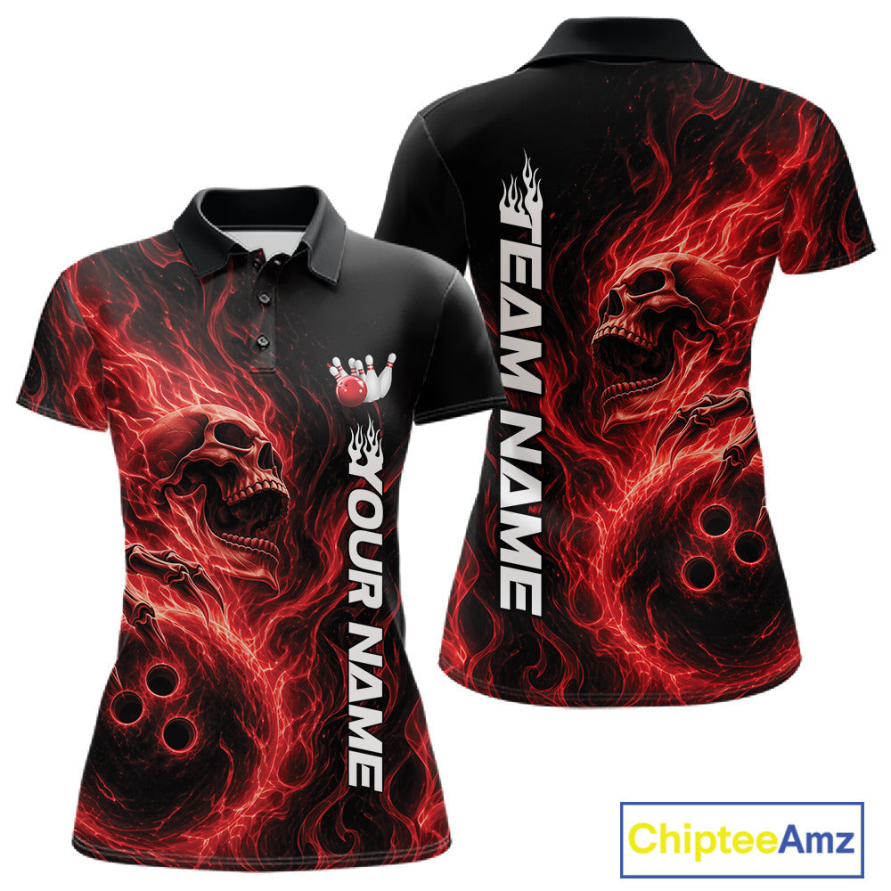 Custom Red Flame Skull Bowling Polo Shirts, Gothic Halloween Team Bowling Outfit
