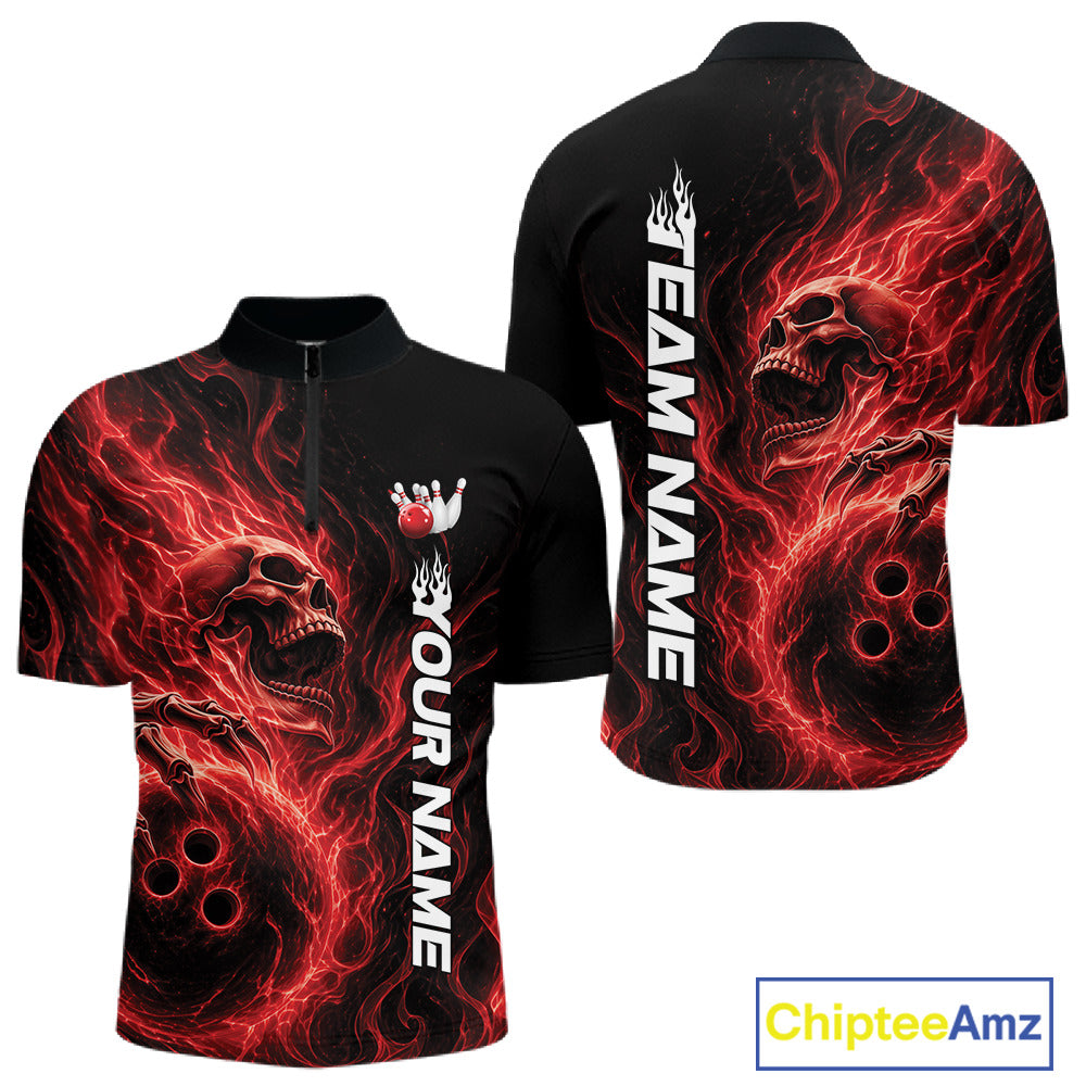 Custom Red Flame Skull Bowling Quarter-Zip Shirts, Gothic Halloween Team Bowling Outfit