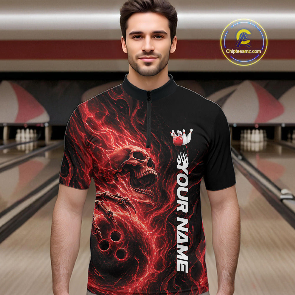 Custom Red Flame Skull Bowling Quarter-Zip Shirts, Gothic Halloween Team Bowling Outfit