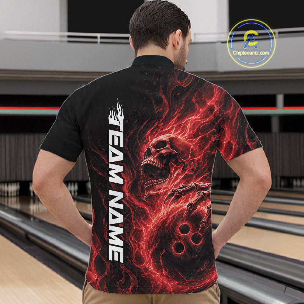 Custom Red Flame Skull Bowling Quarter-Zip Shirts, Gothic Halloween Team Bowling Outfit