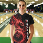 Custom Red Flame Skull Bowling Quarter-Zip Shirts, Halloween Team Bowling Outfit