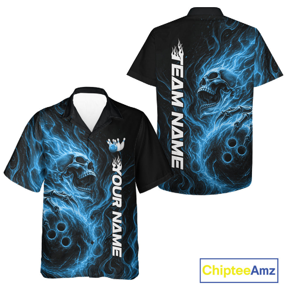 Custom Blue Flame Skull Bowling And Hawaiian Shirts, Gothic Halloween Team Bowling Outfit