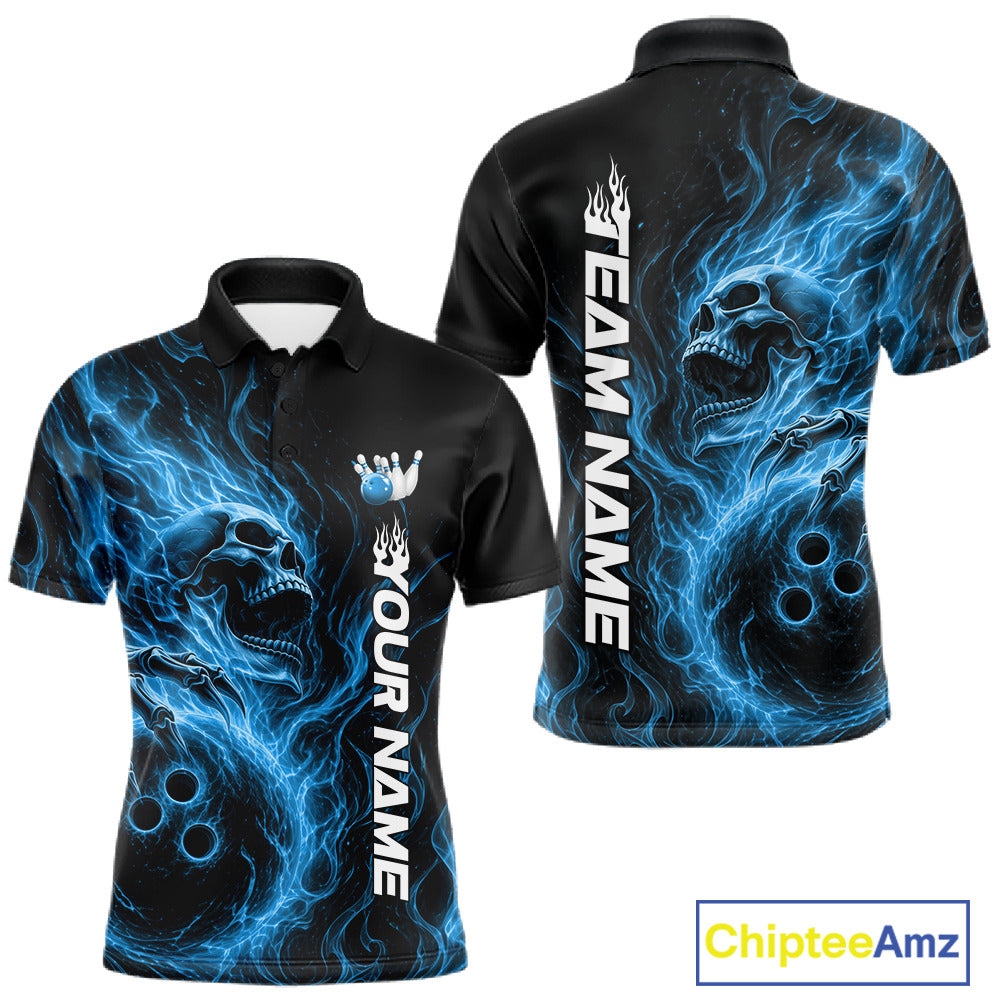 Custom Blue Flame Skull Bowling Polo Shirts, Gothic Halloween Team Bowling Outfit