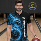 Custom Blue Flame Skull Bowling Polo Shirts, Gothic Halloween Team Bowling Outfit
