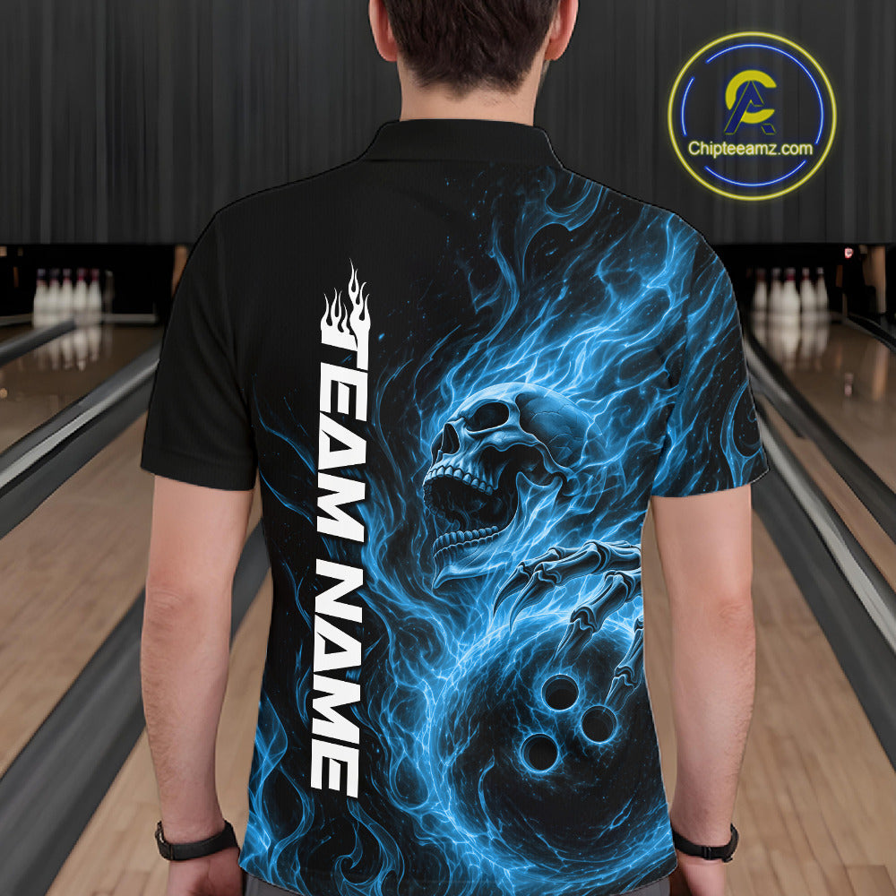 Custom Blue Flame Skull Bowling Polo Shirts, Gothic Halloween Team Bowling Outfit